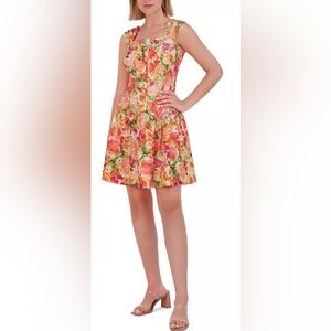 Vince Camuto Petite Floral Fit And Flare Pleated Sleeve Mini Dress Square Neck